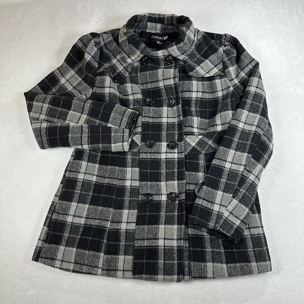 Forever 21 Women’s Plaid Double Breasted Peacoat Gray Black Wool Blend Size M